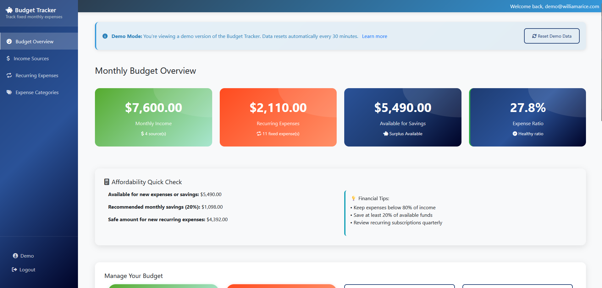 screenshot of dashboard